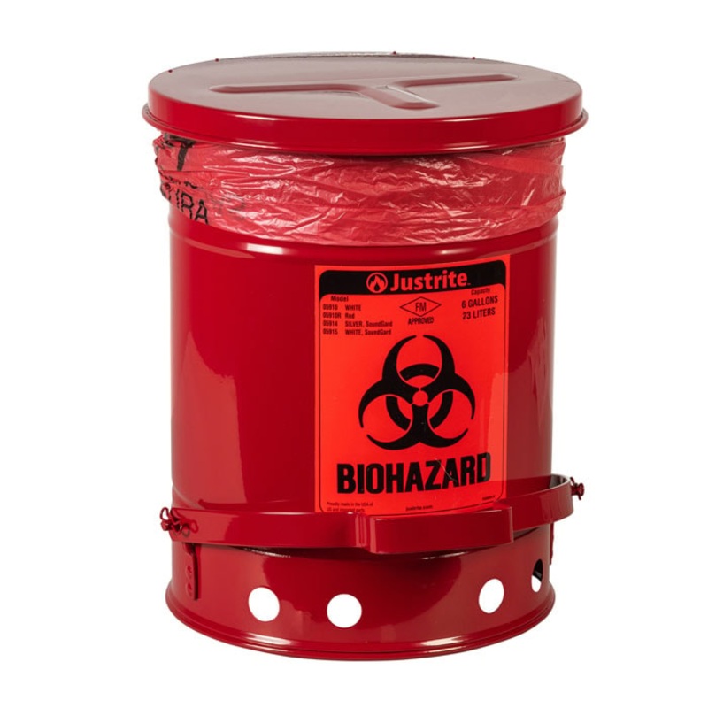 6 Gallon Steel Biohazard Waste Can, Foot-Operated Self-Closing, Red – 05910R